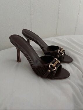 Classic Brown High Heel Slide Sandals with Gold Buckle